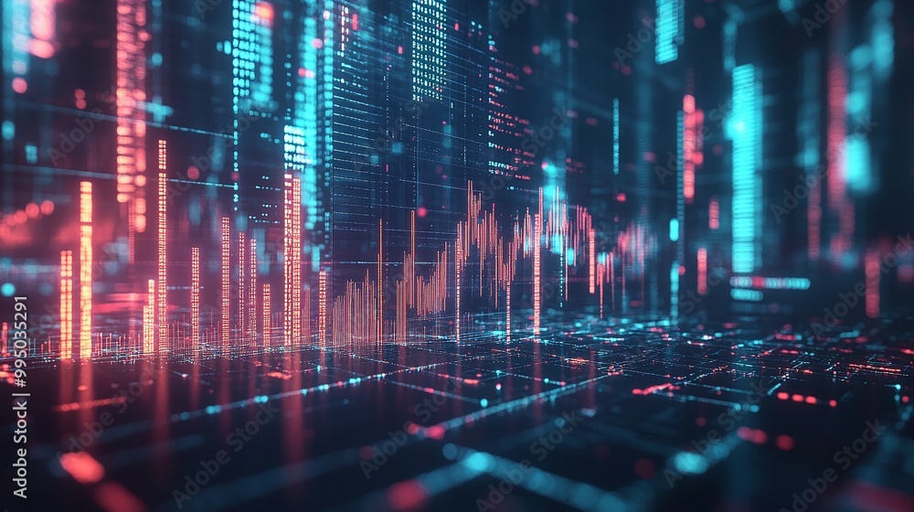 Poster dynamic digital data flow with vibrant visual elements representing information technology trends.