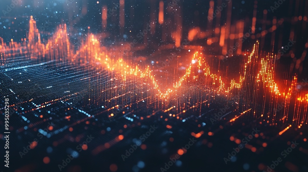 Poster dynamic digital data visualization with glowing lines representing trends and analytics.