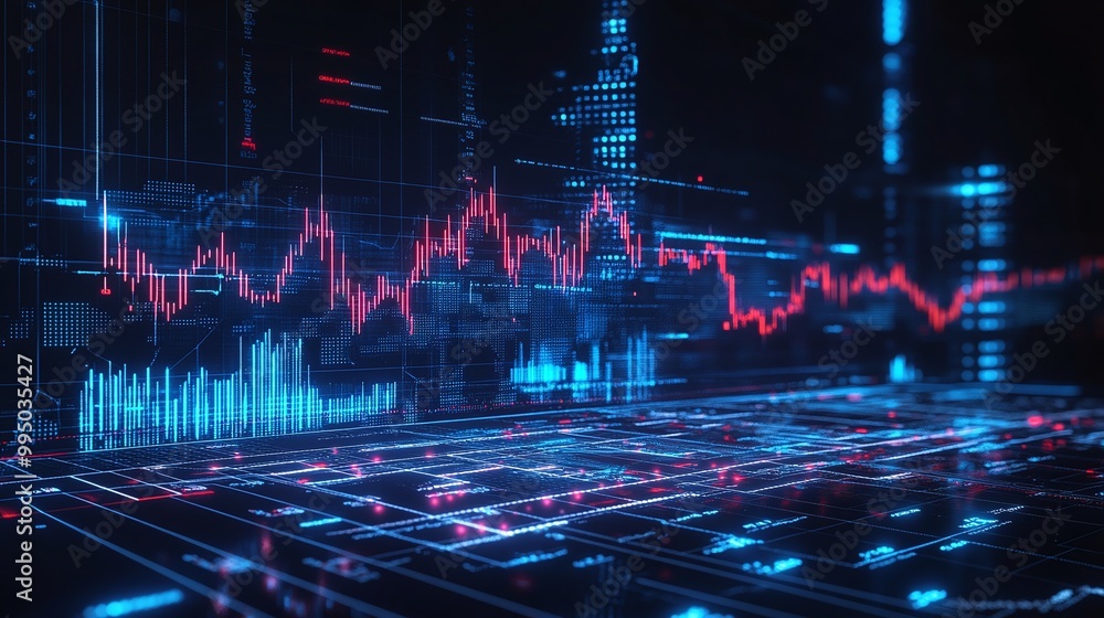 Poster dynamic digital data visualization with vibrant blue and red graphs on a dark background.