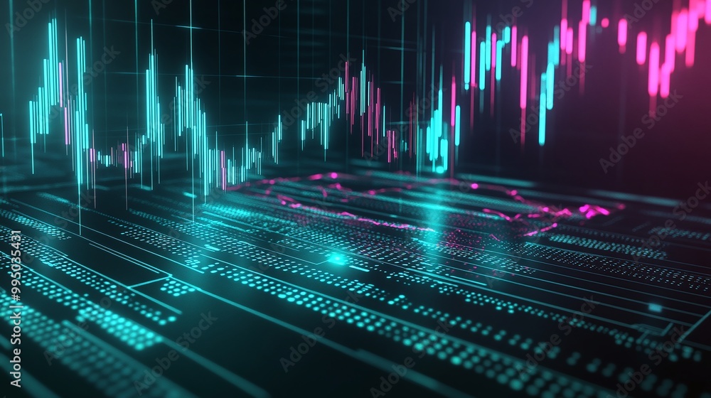 Poster dynamic digital data visualization with vibrant graphs and lines illustrating market trends.