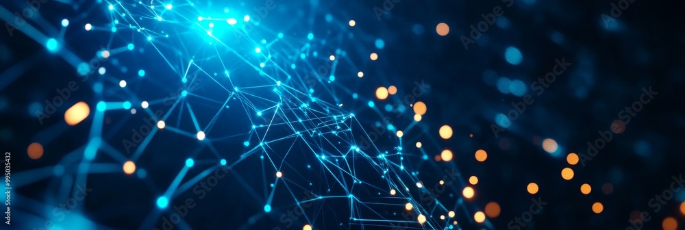 Poster ai networks in peer-to-peer communication - neon blue cyberspace - abstract futuristic network, digi