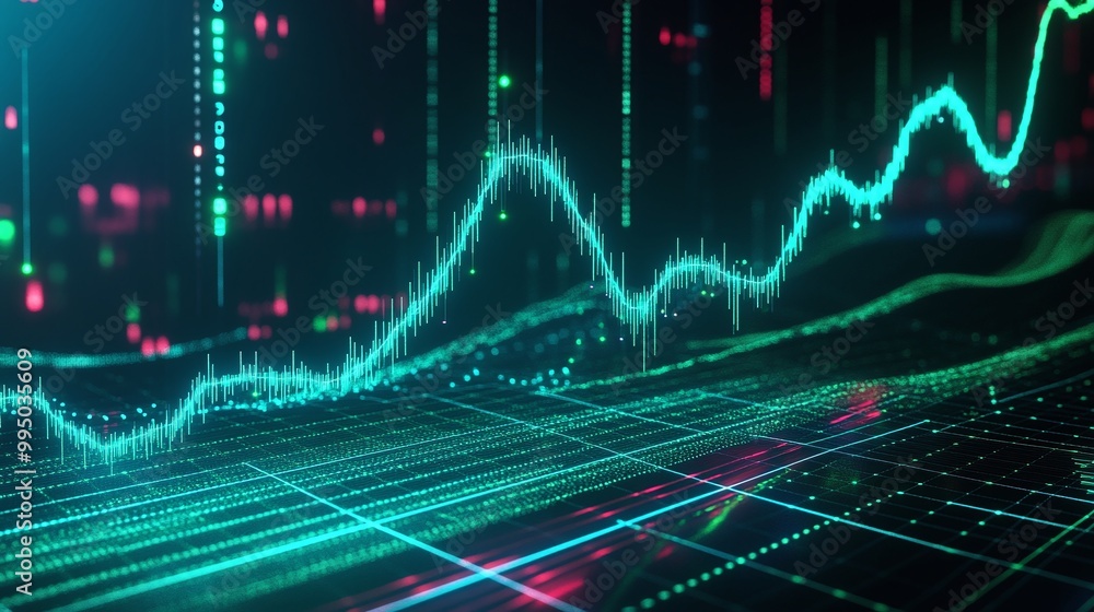 Poster dynamic digital graph depicting fluctuating data trends on a futuristic background.