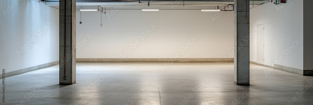 Poster an empty basement room with a concrete floor and two concrete columns, perfect for showcasing produc