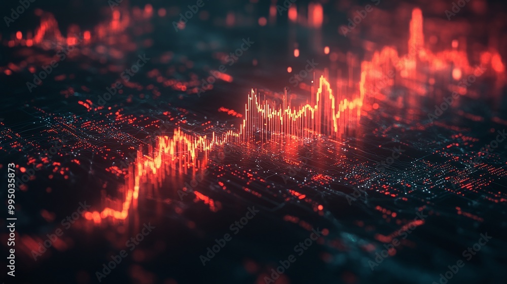 Poster dynamic digital graph representing growth trends and data fluctuations in a vibrant red and blue col