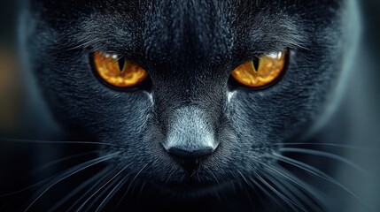 Close-up of a black cat with striking orange eyes.