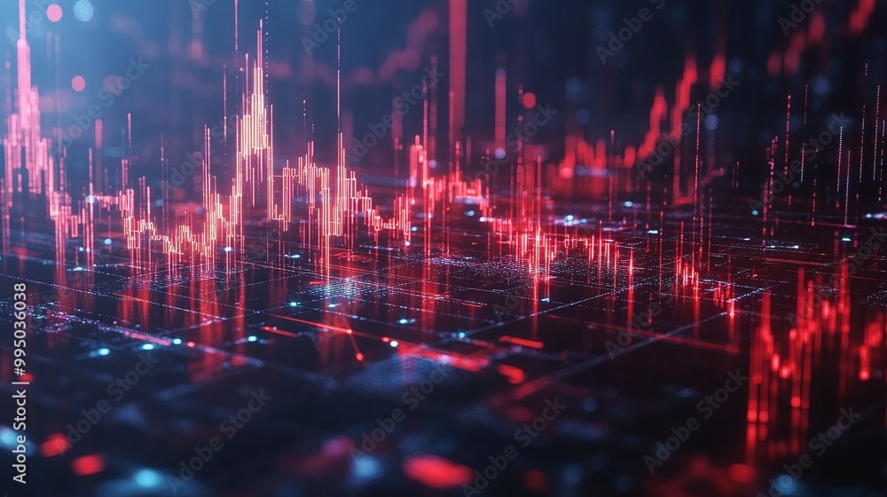 Poster dynamic digital graph showcasing financial data trends and analytics against a dark background, high
