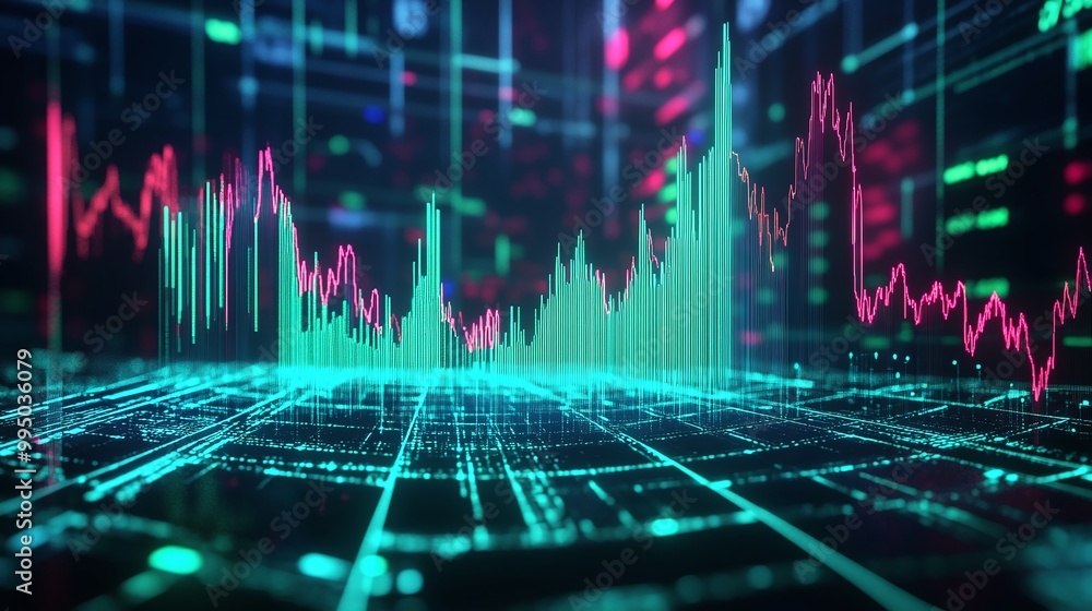 Poster dynamic digital graph visualizing data trends and analytics on a futuristic interface.