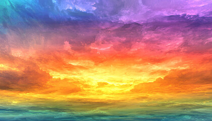 Obraz premium A dreamy sky transitioning from a golden sunset to a full spectrum of rainbow colors, giving off a vibrant yet calming feel
