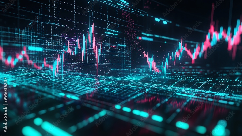 Poster dynamic digital graph with vibrant colors representing stock market fluctuations and data analysis.