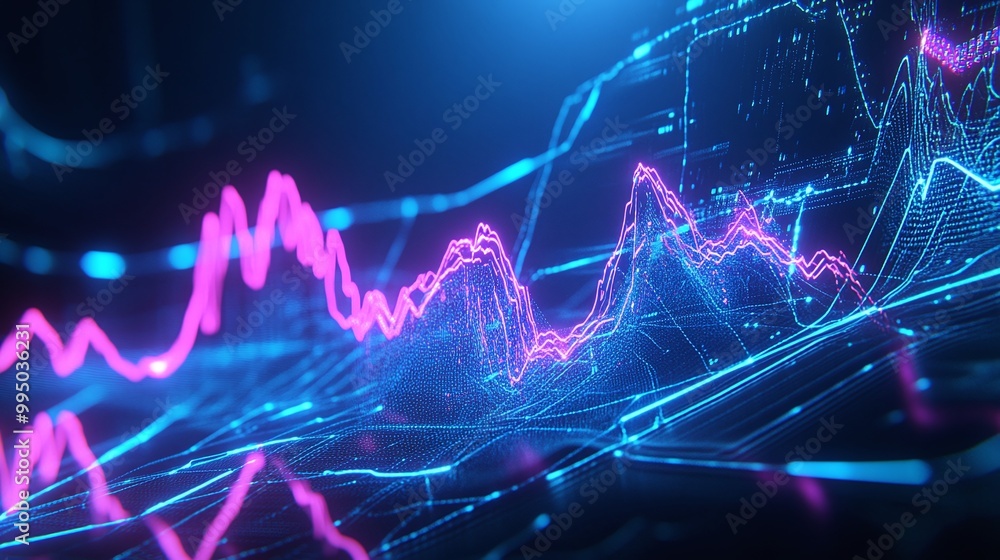 Poster dynamic digital graph with vibrant blue and pink lines representing data analysis and trends.
