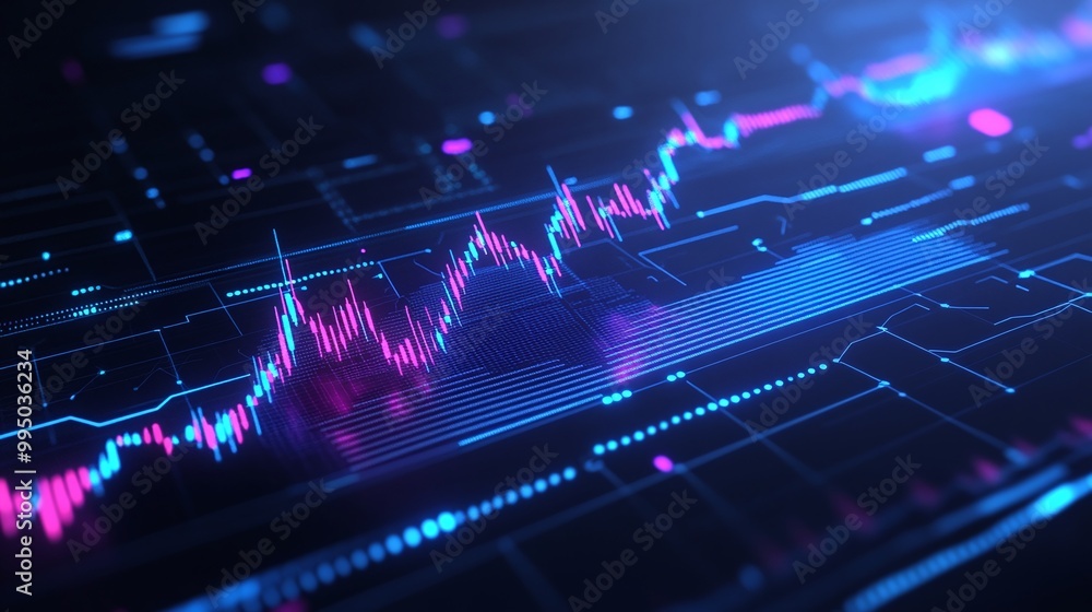 Poster dynamic digital graph with vibrant colors showcasing market trends and data analysis in a futuristic