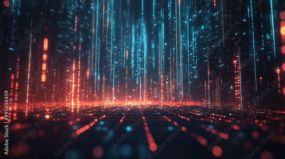 Poster dynamic digital landscape with vibrant blue and red lines creating an energetic abstract background.