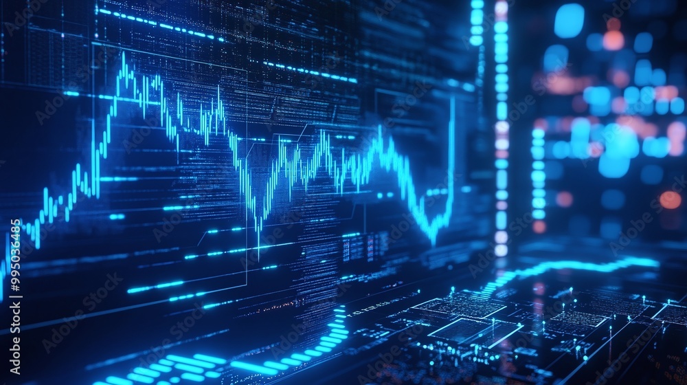 Poster dynamic digital interface with graphs and data visualizations, showcasing advanced analytics and tec