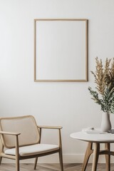 A minimal wood picture frame mockup on a white wall in a modern meeting room. 3d render, 3d illustration.generative ai