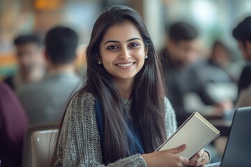 Happy Young Woman Studying in a Library with Notebook
