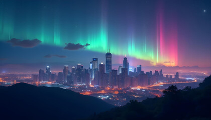 Fototapeta premium Cityscape with Green and Pink Aurora Borealis at Night