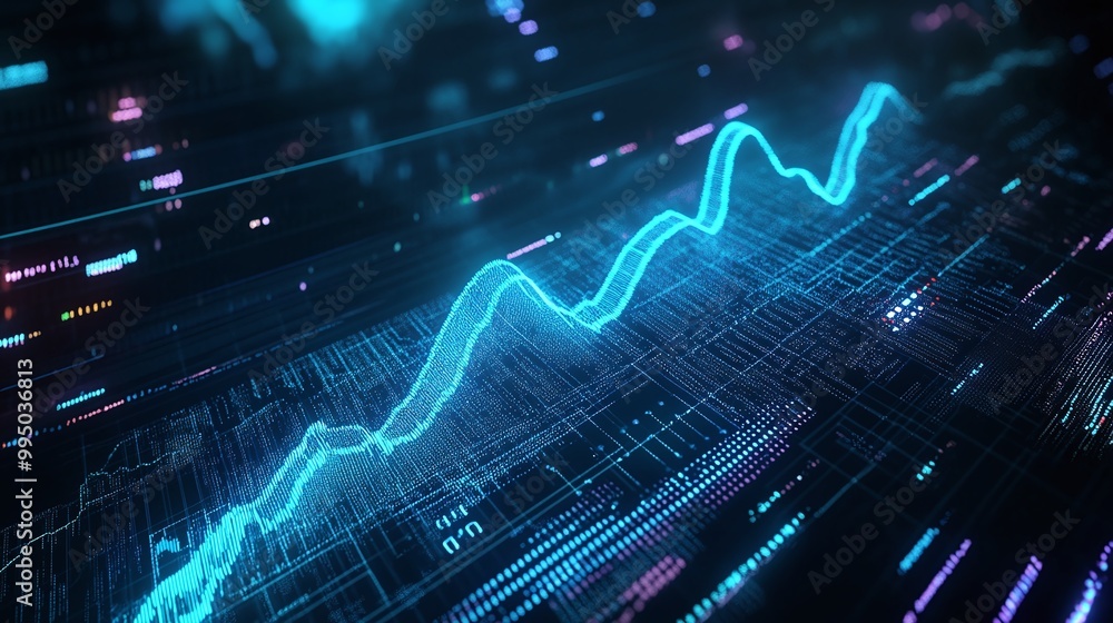 Poster dynamic digital wave graph on a dark background illustrating data trends and analysis in a futuristi