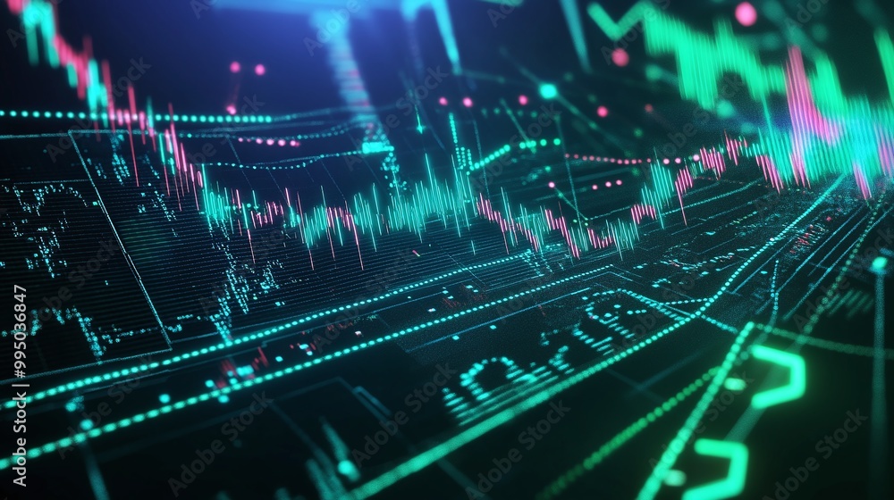 Poster dynamic digital visualization of financial data with colorful graphs and charts on a dark background