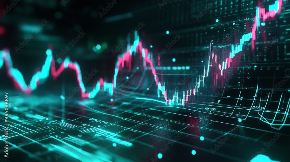 Poster dynamic digital stock market graph with vibrant lines and glowing elements on a dark background.