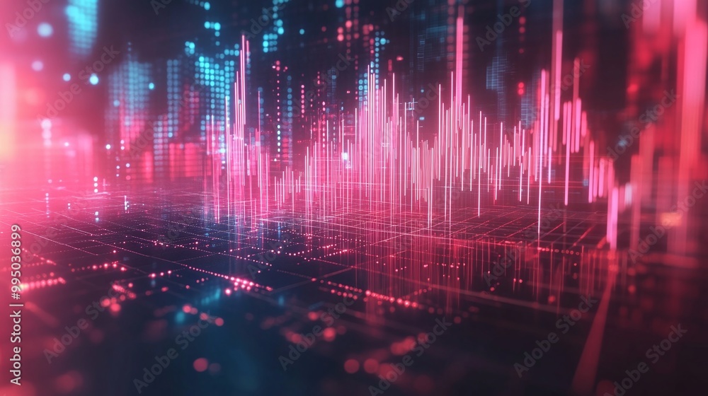 Poster dynamic digital waveform visualization with vibrant colors and intricate patterns on a futuristic ba