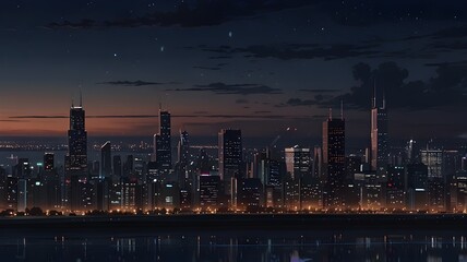 Naklejka premium Bird eyes view Chicago at night with skyscrapers cartoon anime