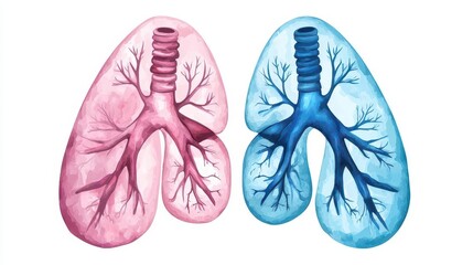 Normal vs cancerous lungs, comparison for awareness, gentle hues, watercolor style