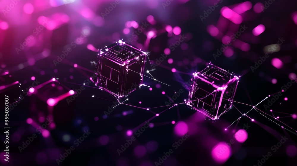 Poster connected data cubes illuminated by neon light beams, symbolizing data transfer, digital networking,