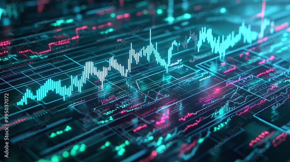 Poster dynamic financial chart displaying data trends with vivid colors and advanced graphics against a dar