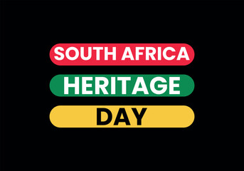 SOUTH AFRICA HERITAGE DAY T SHIRT DESIGN, RED GREEN AND YELLOW COLOR ROUNDED RECTANGLE ON BLACK BACKGROUND.
