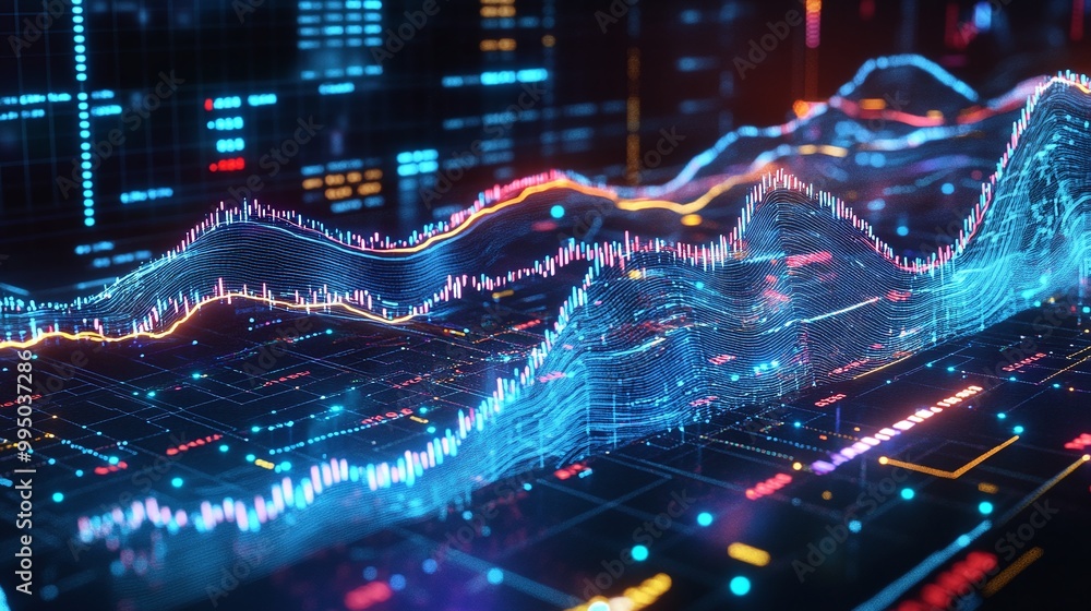 Poster dynamic financial data visualization featuring colorful graphs and digital interfaces in a modern te