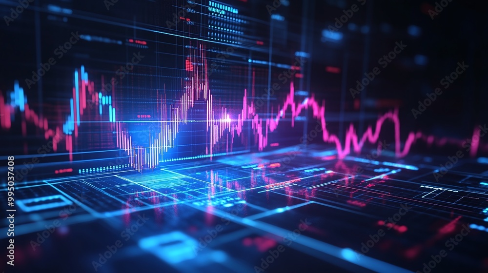 Poster dynamic financial data visualization with colorful graphs and charts on a dark background.