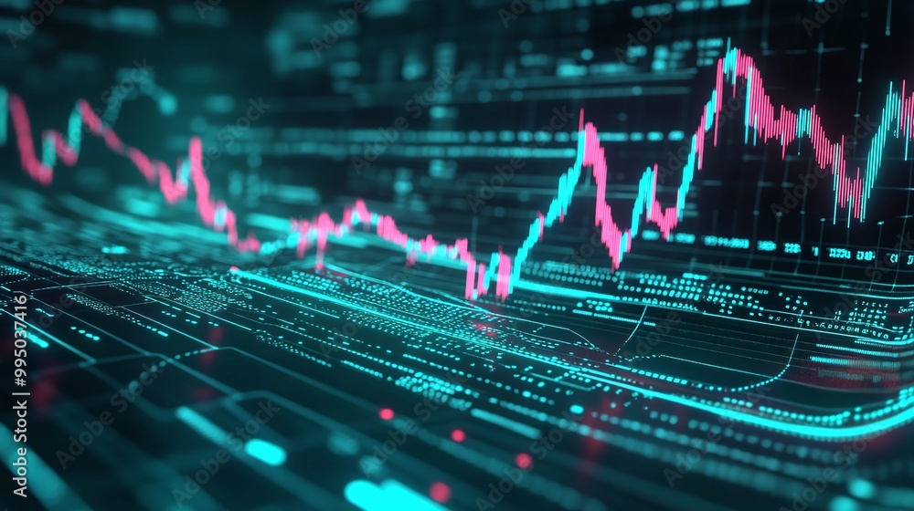 Poster dynamic financial data visualization with illuminated graphs and charts against a dark background.