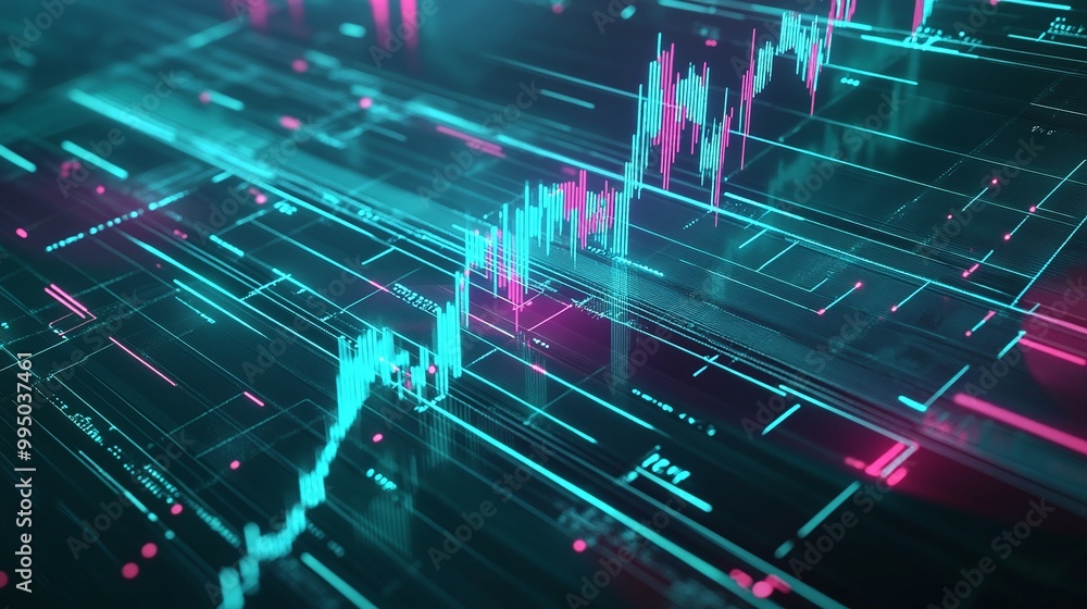Poster dynamic financial data visualization with colorful graphs and charts representing market trends.