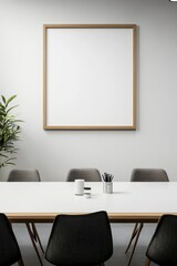 A minimal wood picture frame mockup on a white wall in a modern meeting room. 3d render, 3d illustration.generative ai