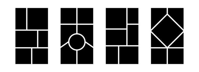 Image collage layout template set. Black mosaic mood board grid collection. Picture composition arrangement. Photo album idea for banner, poster, mockup, flyer, brochure, memory wall design. Vector