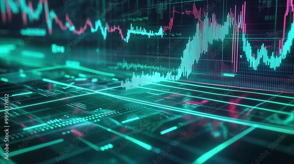 Poster dynamic financial data visualization with vibrant graphs and charts showing market trends and analyt