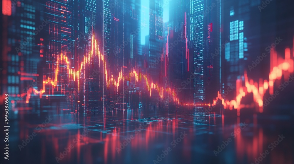 Poster dynamic financial data visualization with vibrant red and blue colors representing stock market tren