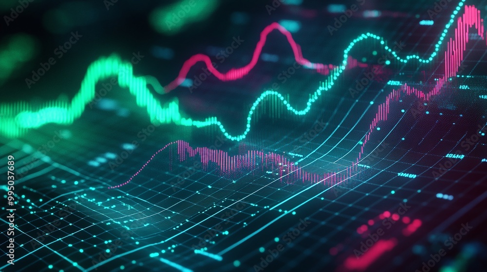 Poster dynamic financial graph showcasing market trends and data analysis with vivid colors.