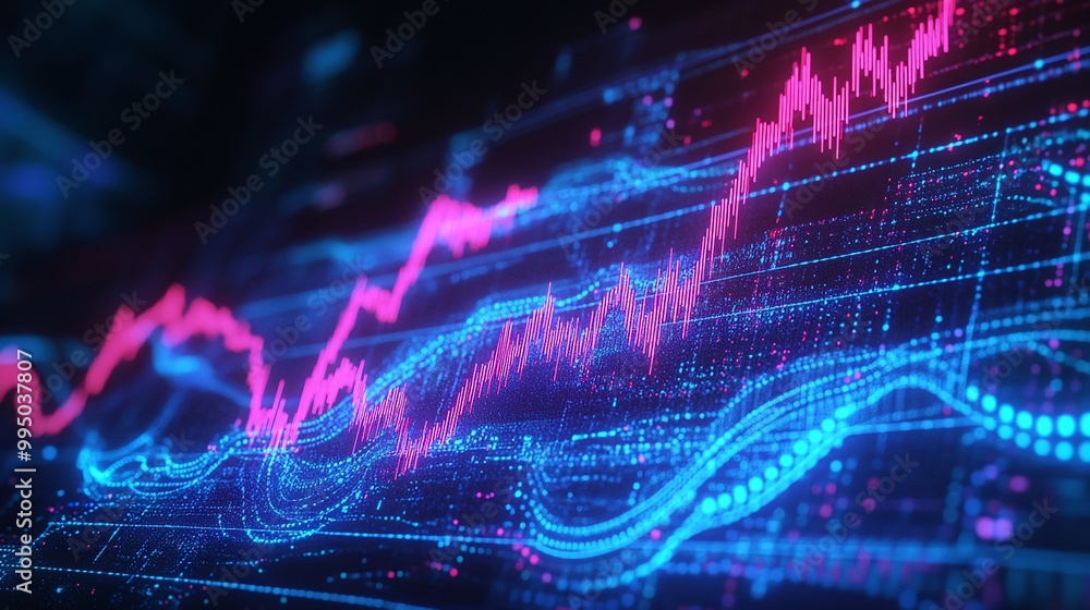 Poster dynamic financial graph with glowing lines showing market trends and data analysis in vibrant blue a