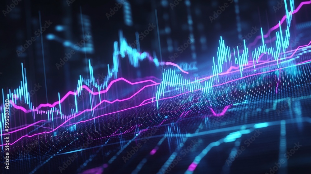 Poster dynamic financial trading chart with vibrant lines and digital data representation.