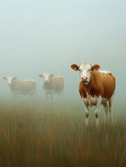 Cows in the Mist,  A herd of cows stand in a foggy field, symbolizing tranquility, mystery, rural life, nature, and serenity.