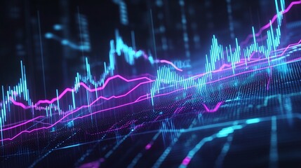 Dynamic financial trading chart with vibrant lines and digital data representation.
