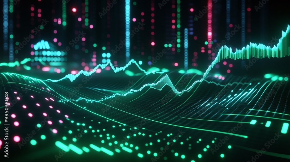 Poster dynamic sound waves visualized with vibrant colors in a digital environment.