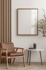 A minimal wood picture frame mockup on a white wall in a modern meeting room. 3d render, 3d illustration.generative ai