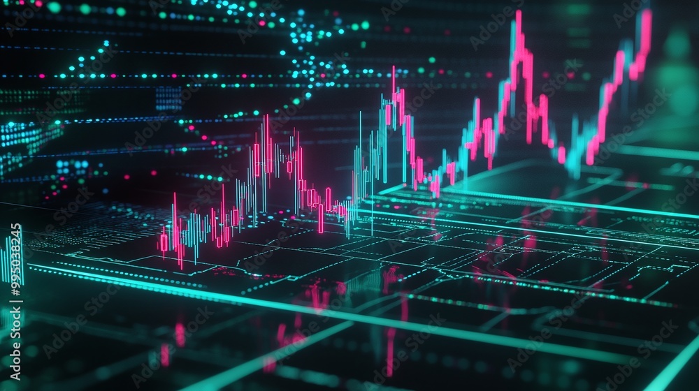 Poster dynamic stock market data visualization with vibrant graphs and digital effects.