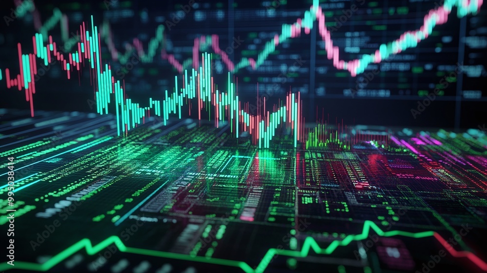 Aufkleber dynamic stock market graph showing fluctuating trends with vibrant colors on digital interface.