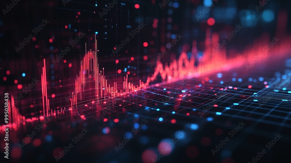 Poster dynamic visual representation of digital data, showcasing vibrant waveform patterns and colorful lig