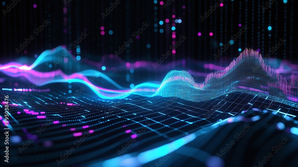 Poster dynamic waves of neon colors representing digital data and technology, abstract background for futur