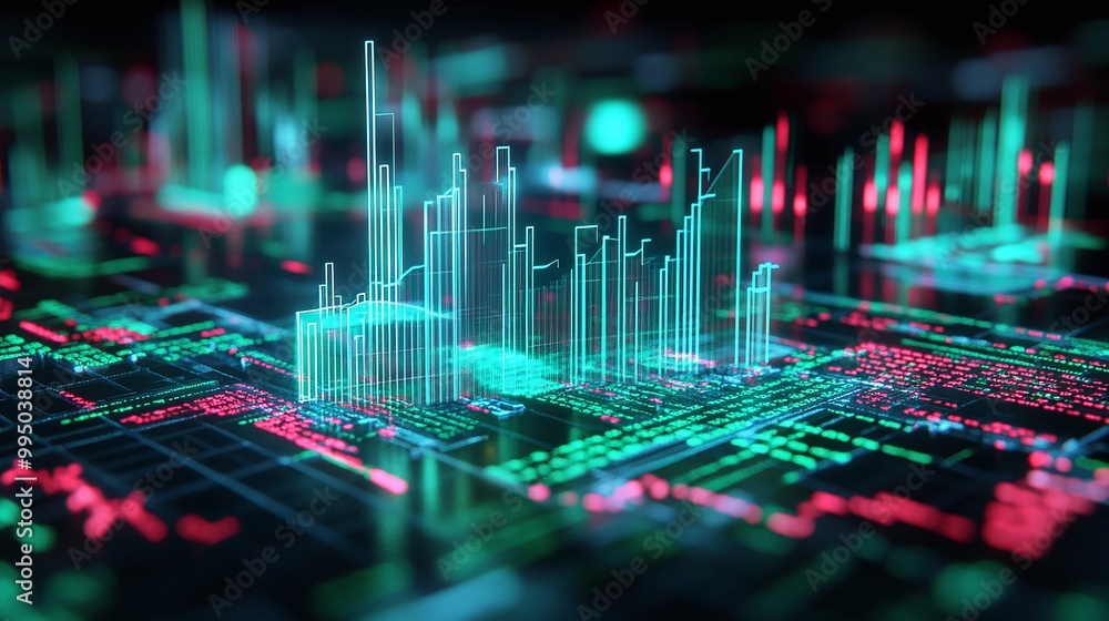 Poster futuristic city skyline with digital elements and glowing data points, showcasing advanced technolog