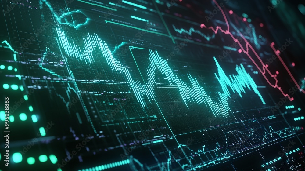 Poster futuristic data analysis interface showcasing stats, graphs, and digital metrics in vibrant colors.